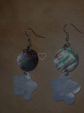 Iridescent Shell Disc and White Flower Drop Earrings - Women Jewelry